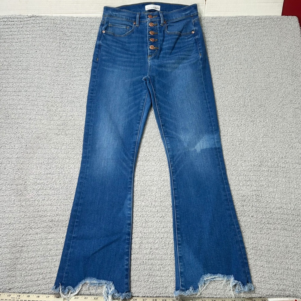 Loft Kick Crop Jeans High Waist 26/2 Blue Button Fly Raw Hem Boho Chic - Picture 1 of 9